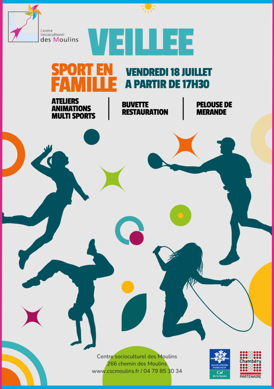 Affiche de la soirée sportive été 2025 à Chambéry – événement familial en plein air le 18 juillet sur la pelouse de Mérande.