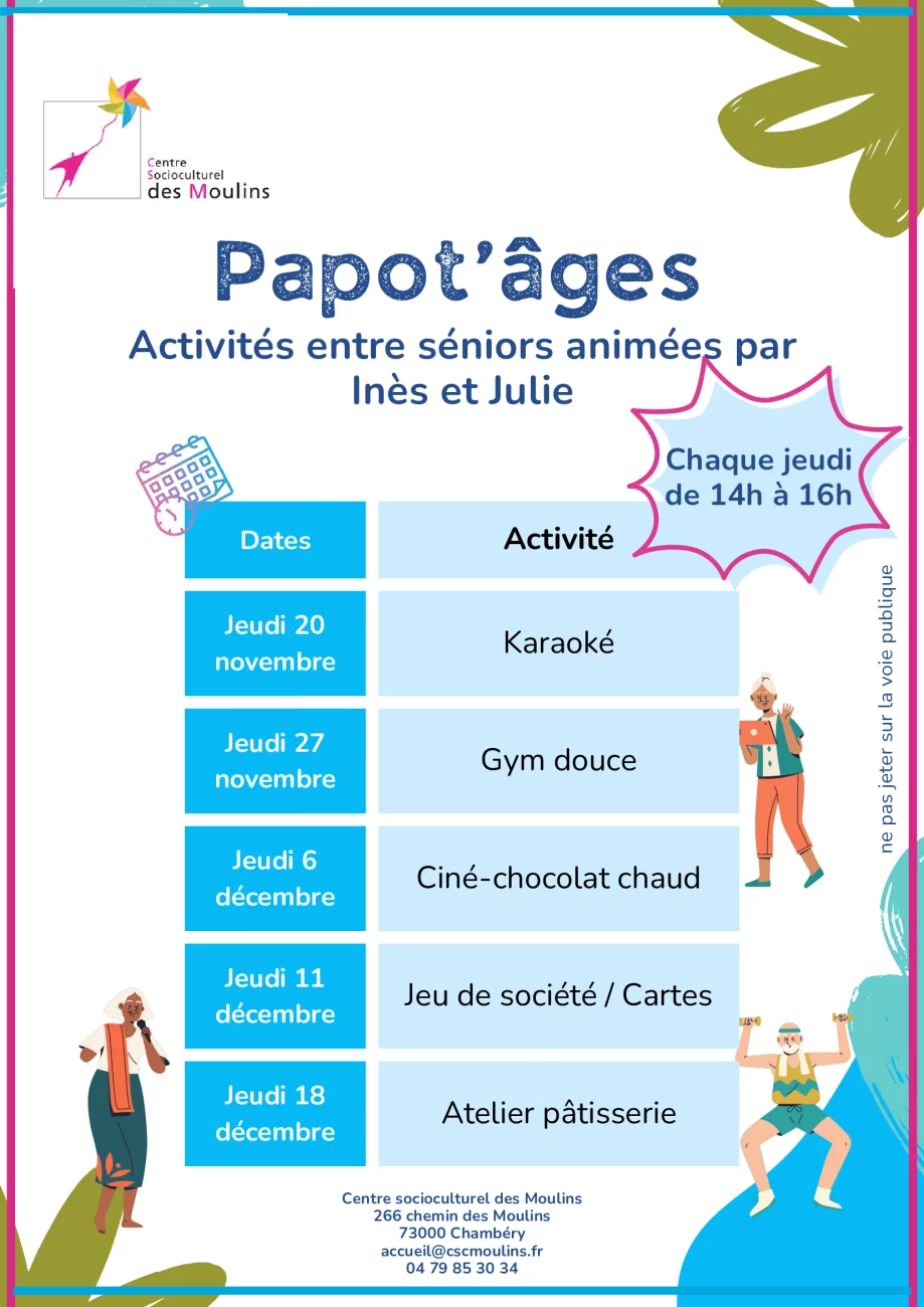 planning fin année 2025 activité senior centre des moulins Chambéry